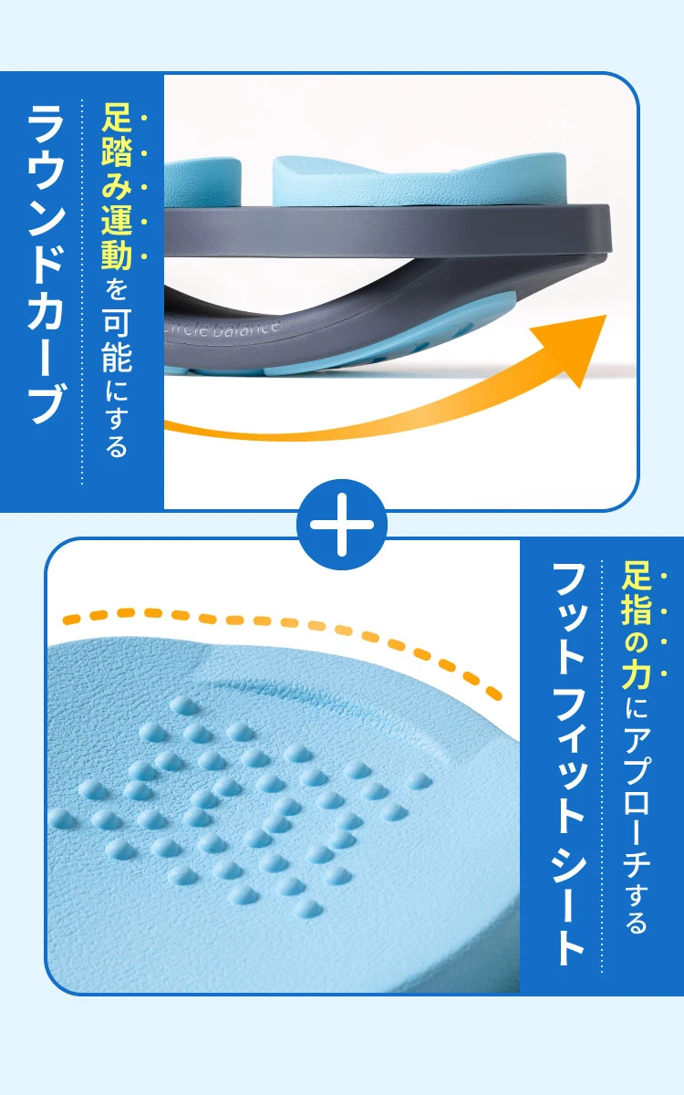 足踏み運動を可能にするラウンドカーブ・足指の力にアプローチするフットフィットシート