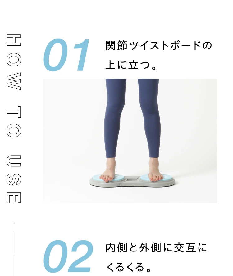 HOW TO USE 01. 関節ツイストボードの上に立つ　02. 内側と外側に交互にくるくる