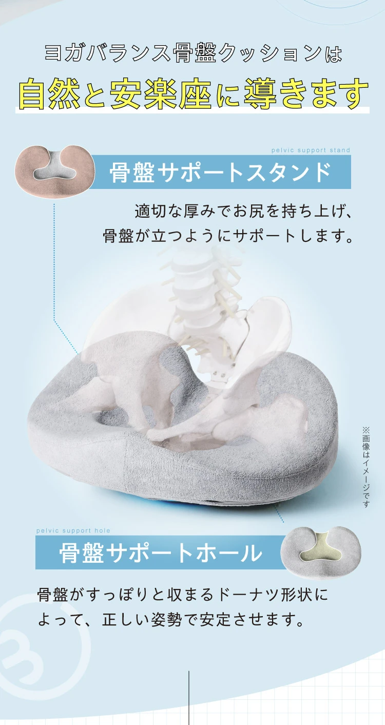 お尻を持ち上げ骨盤が立つ骨盤サポートスタンドと、骨盤がすっぽり収まるドーナツ形状の骨盤サポートホールによって自然と安楽座に導きます