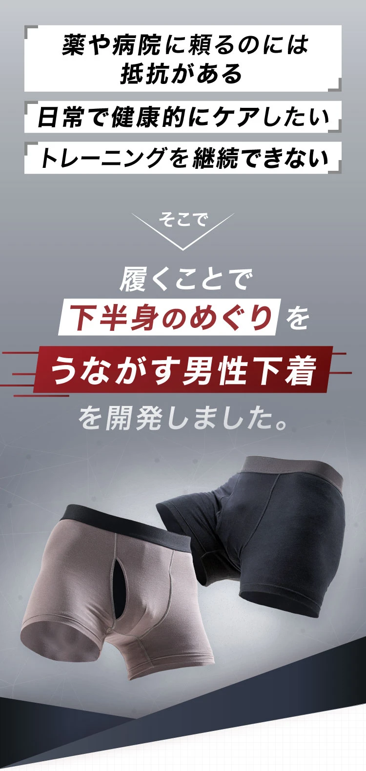 薬や病院に頼るのには抵抗がある そこで履くことで下半身のめぐりをうながす男性下着を開発しました