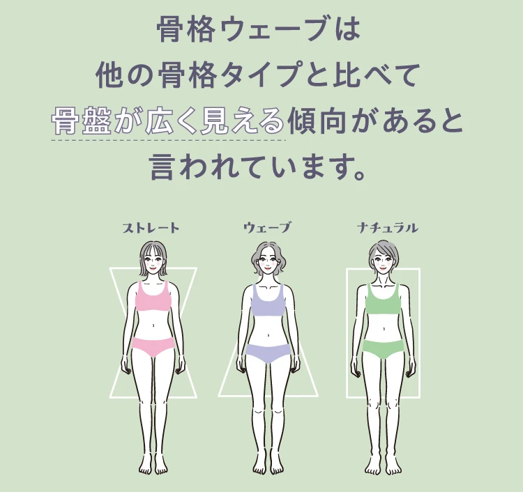 骨格ウェーブは他の骨格タイプと比べて骨盤が広く見える傾向があると言われています