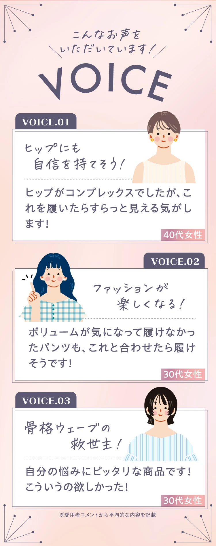 VOICE 01ヒップにも自信を持てそう！ 02ファッションが楽しくなる 03骨格ウェーブの救世主