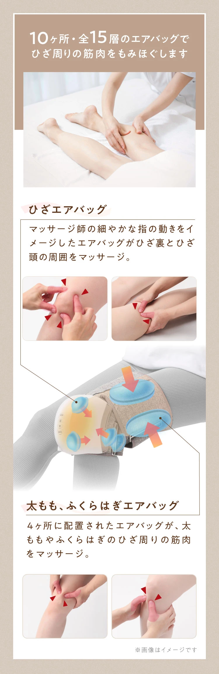 10ヶ所・全15層のエアバッグでひざ周りの筋肉をもみほぐします