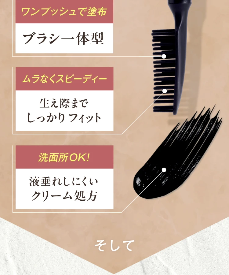ブラシ一体型・生え際までしっかりフィット・液垂れしにくいクリーム処方