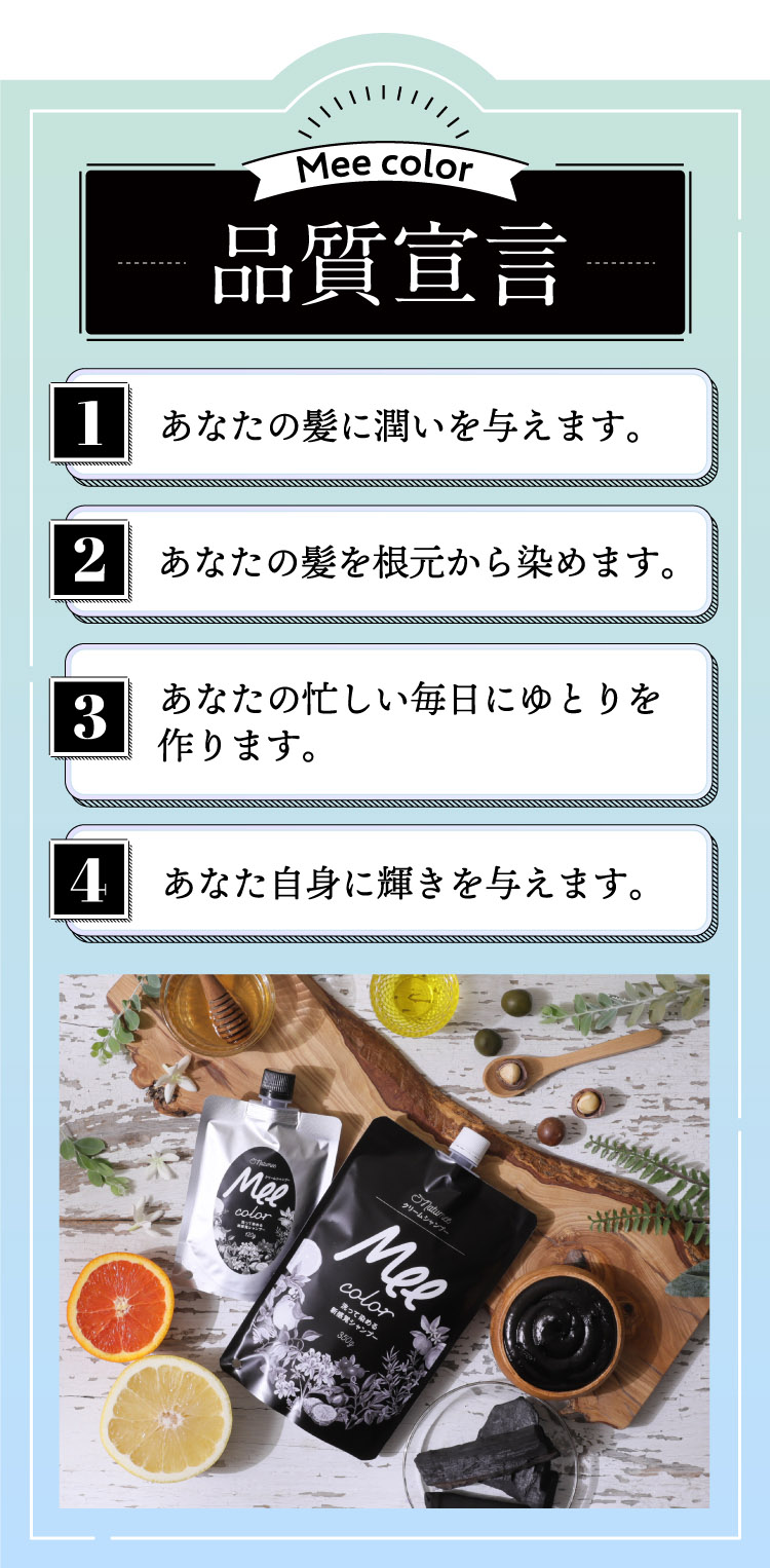 あなたの髪に潤いを与えます。／あなたの髪を根元から染めます。／あなたの忙しい毎日にゆとりを作ります。／あなた自身に輝きを与えます。