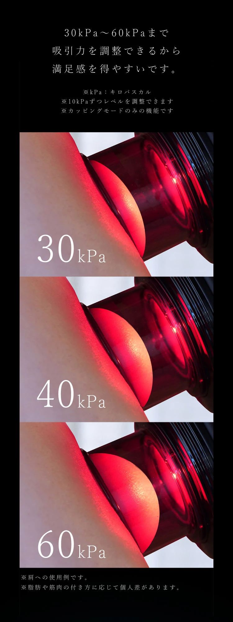 30kPa〜60kPaまで吸引力を調整できる
