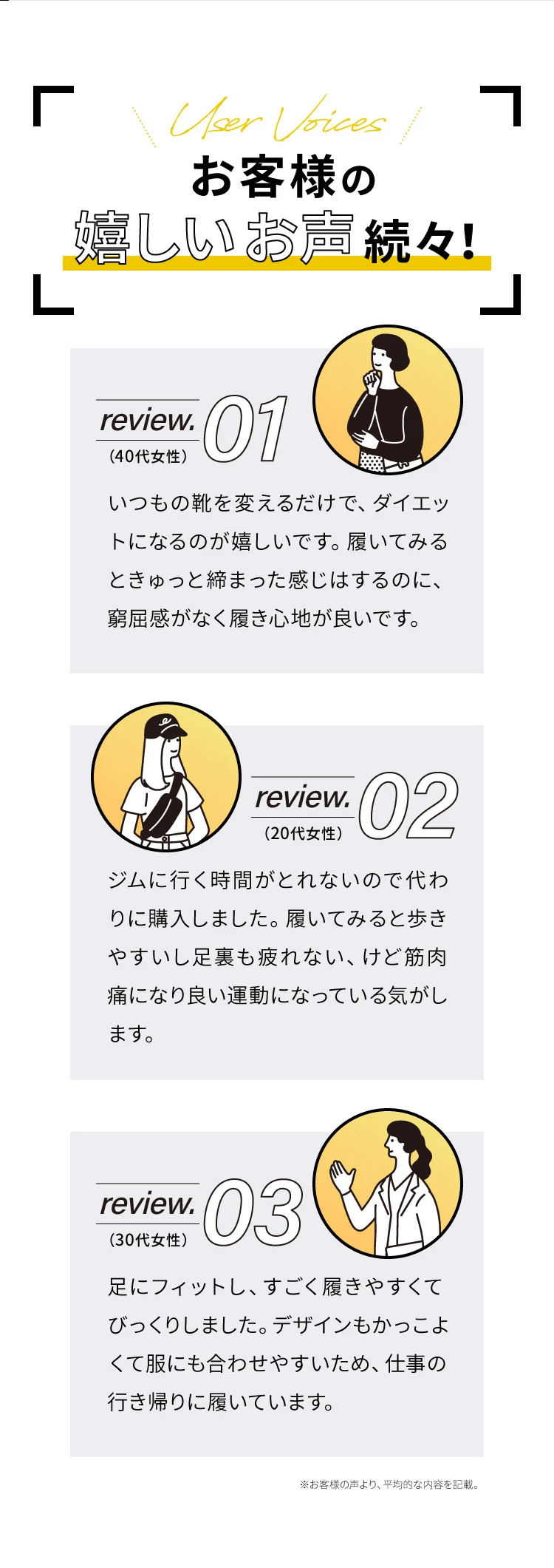 お客様の嬉しいお声続々!いつもの靴を変えるだけでダイエットになるのが嬉しい。ジムの代わりに購入しました。足にフィットし、すごく履きやすい。