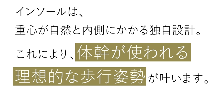 インソールは、重心が自然と内側にかかる独自設計。これにより、体幹が使われる理想的な歩行姿勢が叶います。