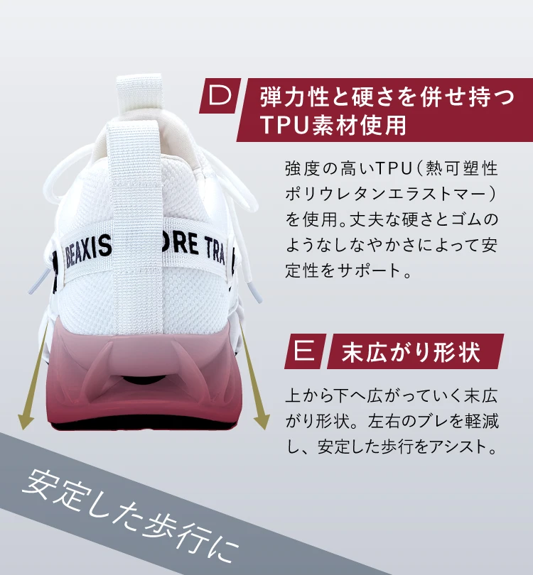弾力性と肩さをあわせもつ高品質TPU素材使用、末広がり形状で安定した歩行に
