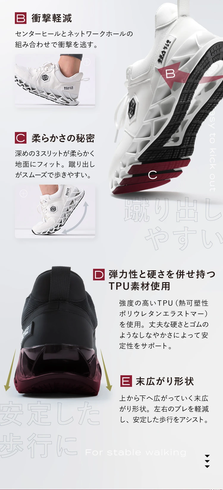 ネットワーククッション搭載 衝撃軽減 柔らかさの秘密 弾力性と硬さを併せ持つTPU素材使用 末広がり形状