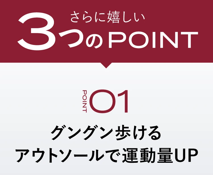 さらに嬉しい3つのPOINT POINT01 グングン歩けるアウトソールで運動量UP
