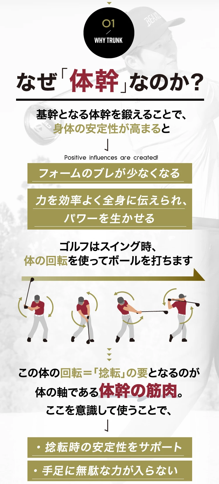 基幹となる体幹を鍛えることで身体の安定性が高まる