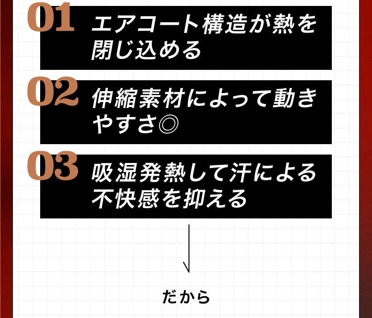エアコート構造が熱を閉じ込める・伸縮素材によって動きやすさ〇・吸湿発熱して汗による不快感を抑える