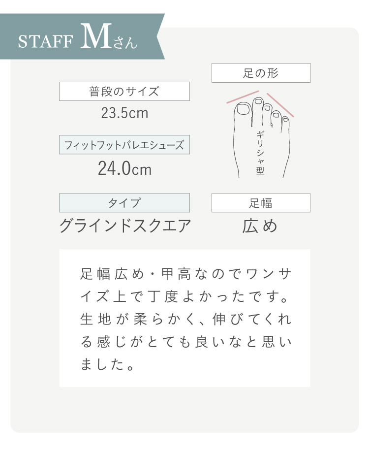 STAFF Mさん 23.5cm ギリシャ型 足幅広め フィットフットバレエシューズ24.0cm