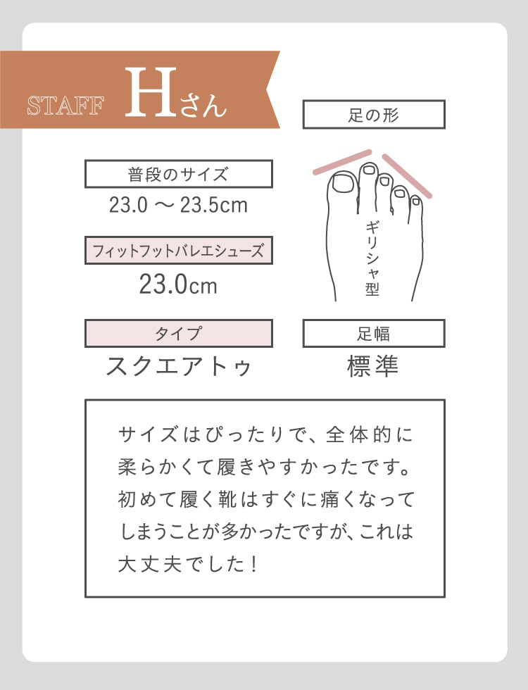 サイズはぴったりで、全体的に柔らかくて履きやすかったです。初めて履く靴はすぐに痛くなってしまうことが多かったですが、これは大丈夫でした!(ギリシャ型23.0〜23.5cm)