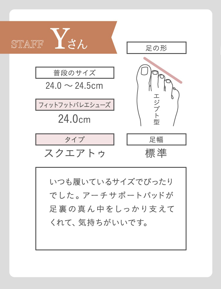 いつも履いているサイズでぴったりでした。アーチサポートパッドが足裏の真ん中をしっかり支えてくれて、気持ちがいいです。(エジプト型24.0〜24.5cm)