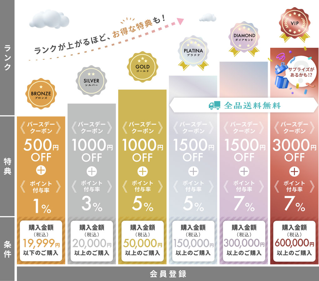 「ブロンズ・シルバー・ゴールド・プラチナ・ダイヤモンド・VIP」の6つのランクごとに、バースデークーポンやポイント付与率が違います。ランクが上がるほどお得！