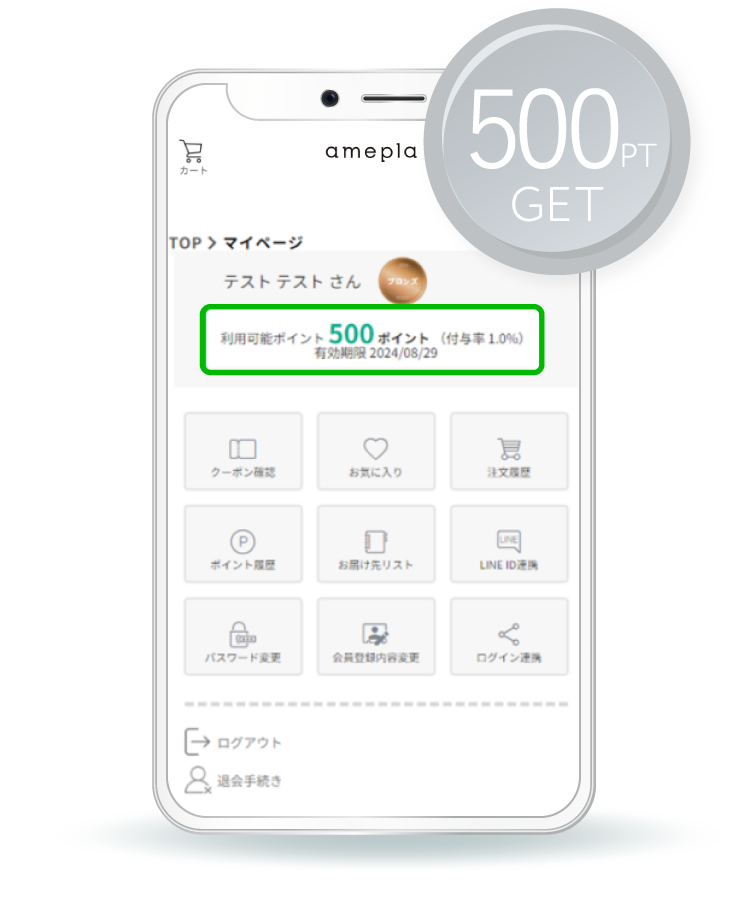 マイページに利用可能になった500ポイントが反映されている図
