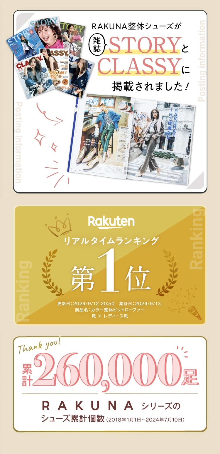 雑誌に掲載されました！楽天リアルタイムランキング第1位　RAKUNAシリーズ累計販売260,000足