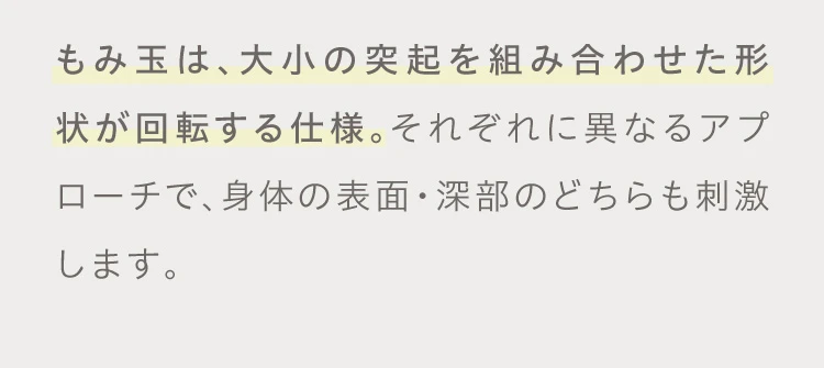 もみ玉は、大小の突起を組み合わせた形状が回転する仕様。
