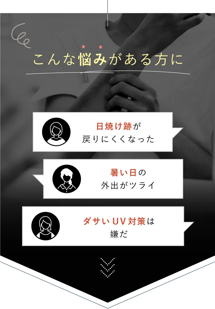 日焼け跡が戻りにくくなった、暑い日の外出がツライ、ダサいUV対策は嫌だといったお悩みをお持ちの方に特にオススメです。