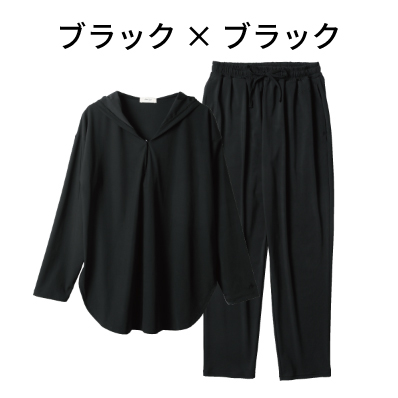 UVブロックフードラッシュガード 上下セット／ブラック×ブラック