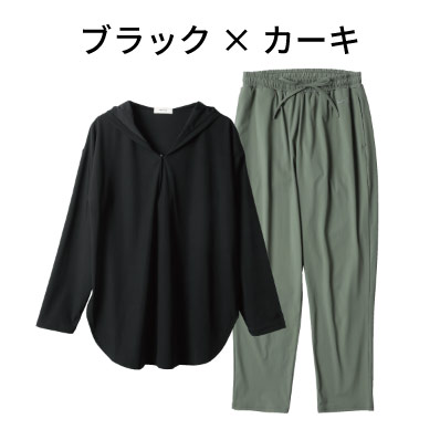 UVブロックフードラッシュガード 上下セット／ブラック×カーキ