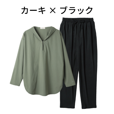 UVブロックフードラッシュガード 上下セット／カーキ×ブラック
