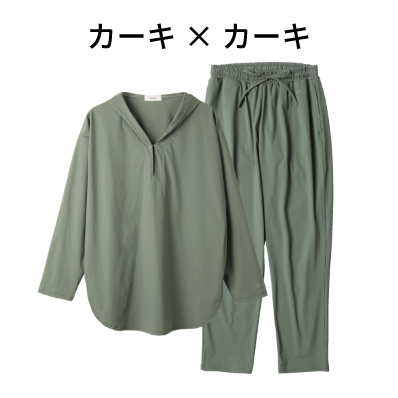 UVブロックフードラッシュガード 上下セット／カーキ×カーキ