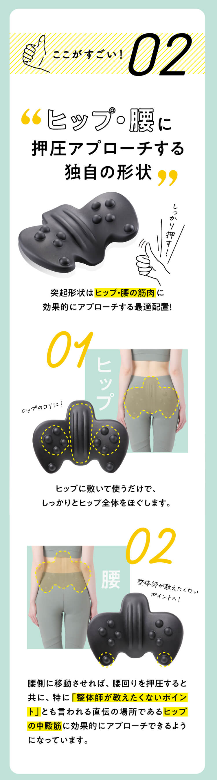 ヒップ・腰に押圧アプローチする独自の形状