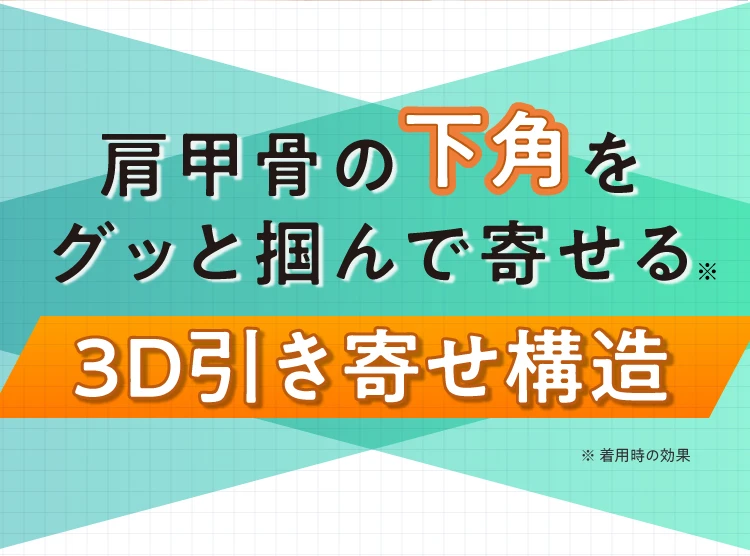 肩甲骨の下角をグッと掴んで寄せる3D引き寄せ構造