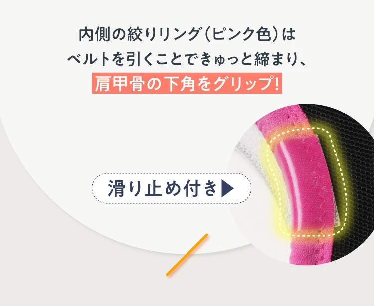 内側の絞りリングはベルトを引くことできゅっと縛り、肩甲骨の下角をグリップ！