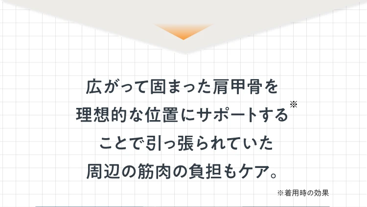 広がって固まった肩甲骨を理想的な位置にサポートすることで引っ張られていた周辺の筋肉の負担もケア