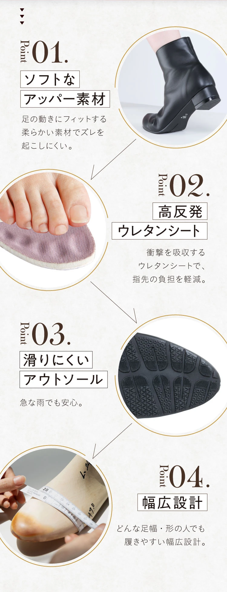 POINT.01 ソフトなアッパー素材 POINT.02 高反発ウレタンシート POINT.03 滑りにくいアウトソール