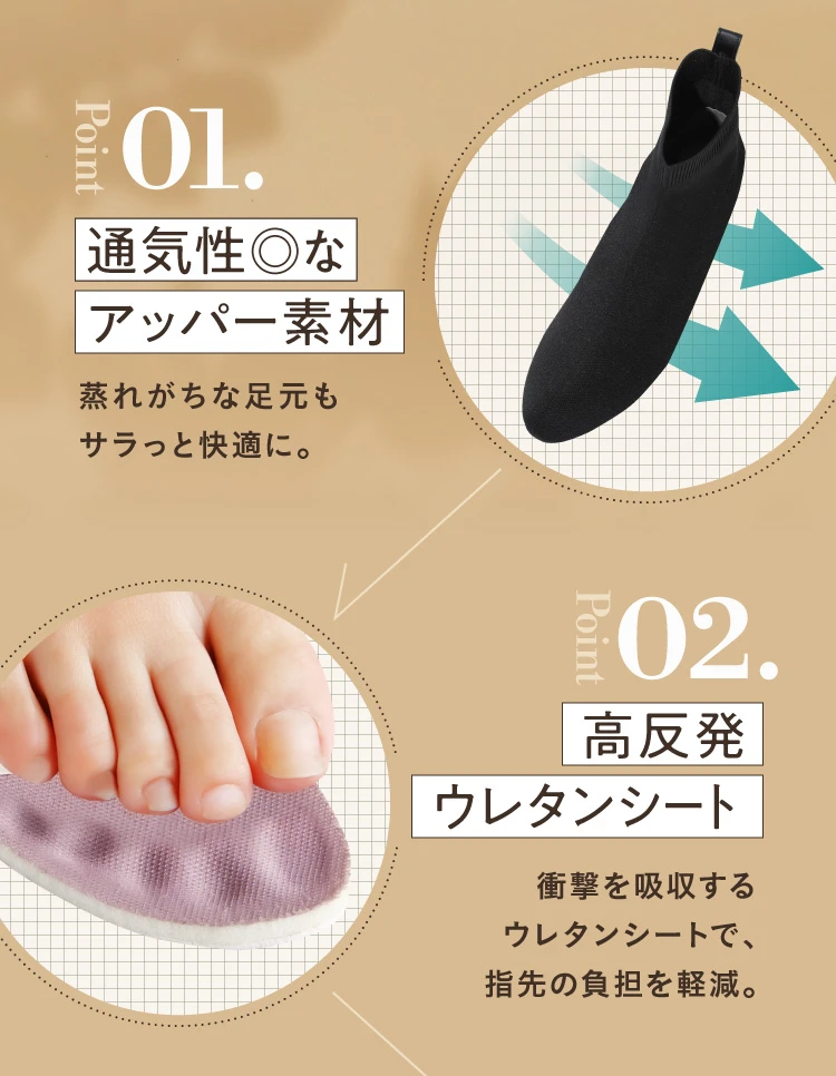 POINT01. 通気性◎なアッパー素材 POINT02. 高反発ウレタンシート