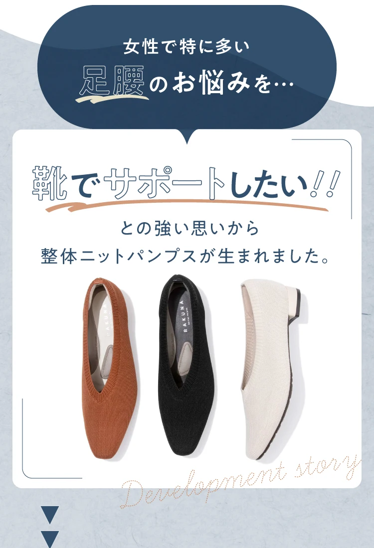 女性で特に多い足腰のお悩みを、靴でサポートしたい！！との強い思いから整体ニットパンプスが生まれました。