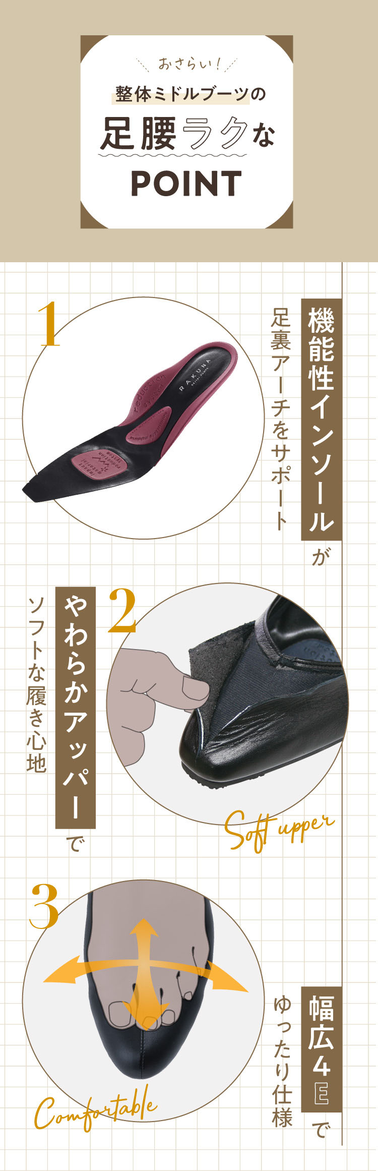 シンデレラセール】 整体ミドルブーツ RAKUNA(ラクナ) | amepla