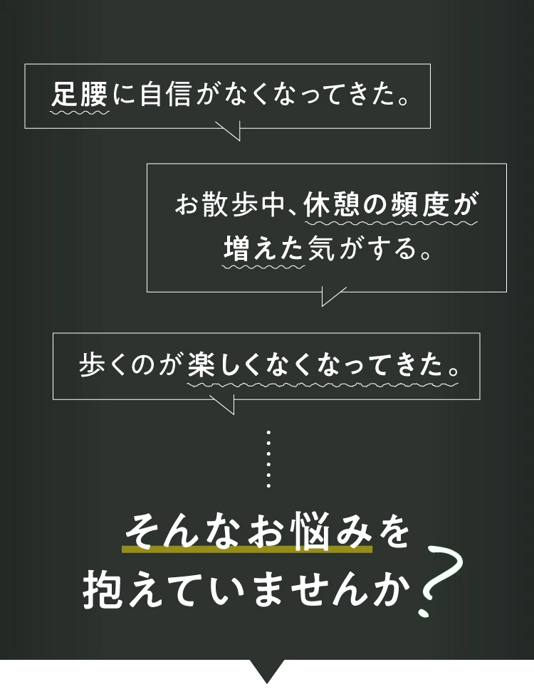 足腰に自信がなくなってきた お散歩中、休憩の頻度が増えた 歩くのが楽しくなくなってきたなどお悩みを抱えていませんか？