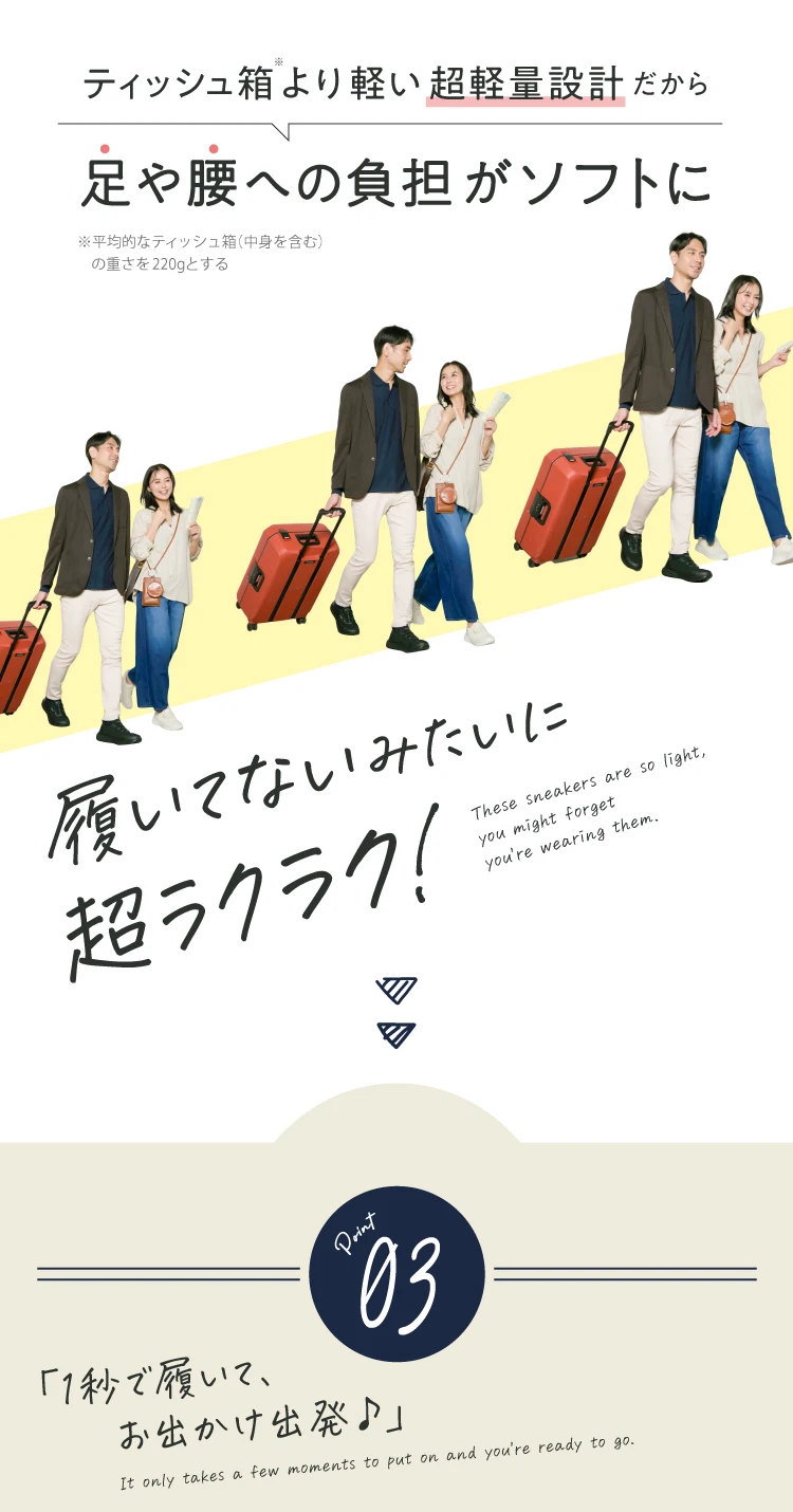 ティッシュ箱より軽い超軽量設計だから足や腰への負担がソフトに 履いてないみたいに超ラクラク