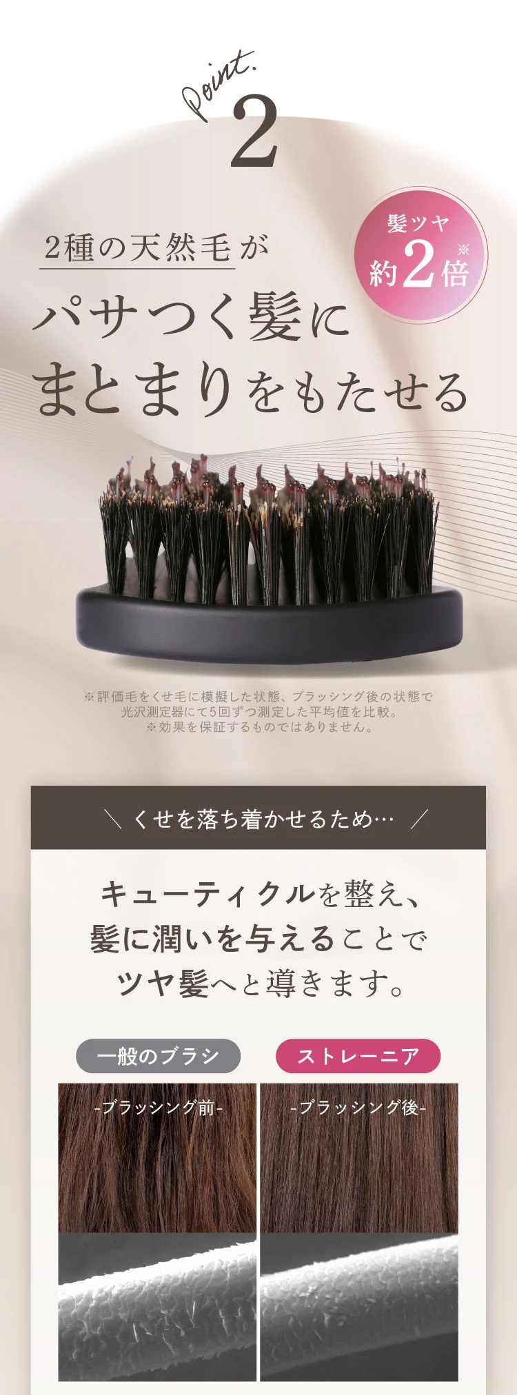 02.2種の天然毛がパサつく髪にまとまりをもたせる