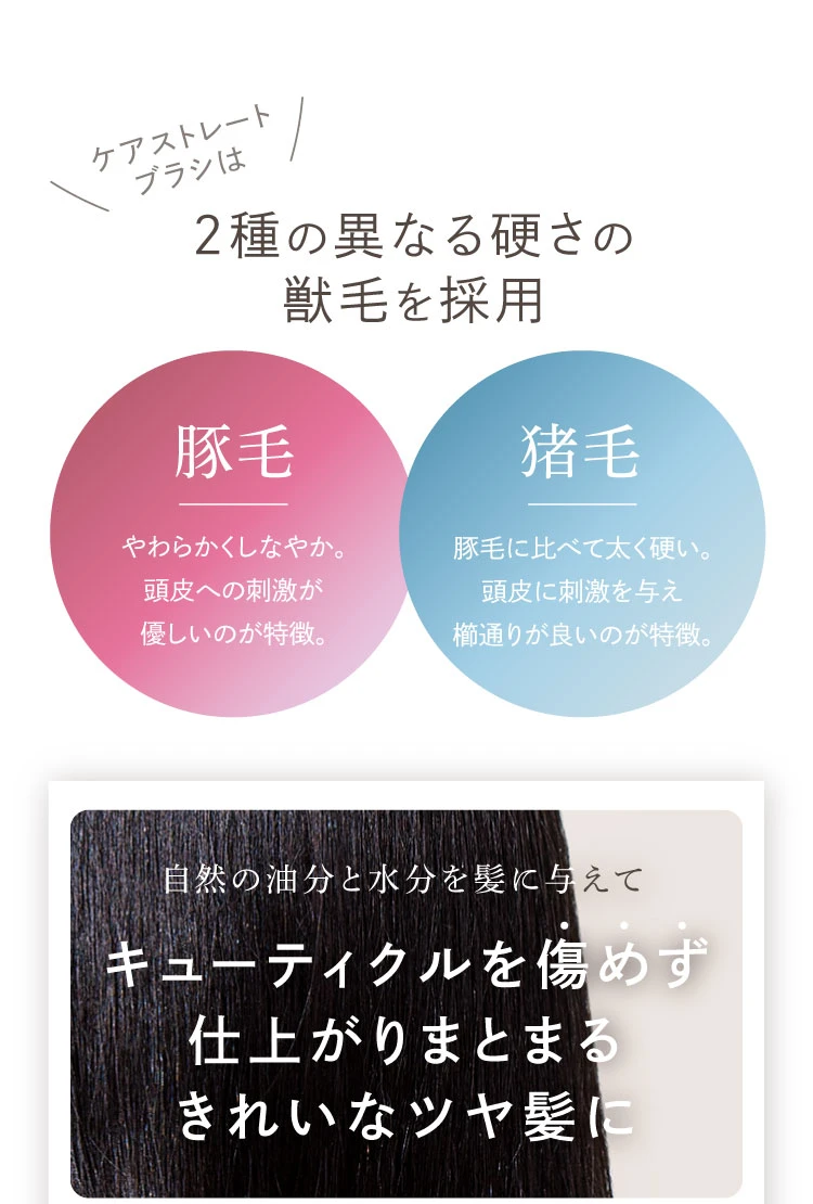 ケアストレートブラシは2種の異なる硬さの獣毛を採用