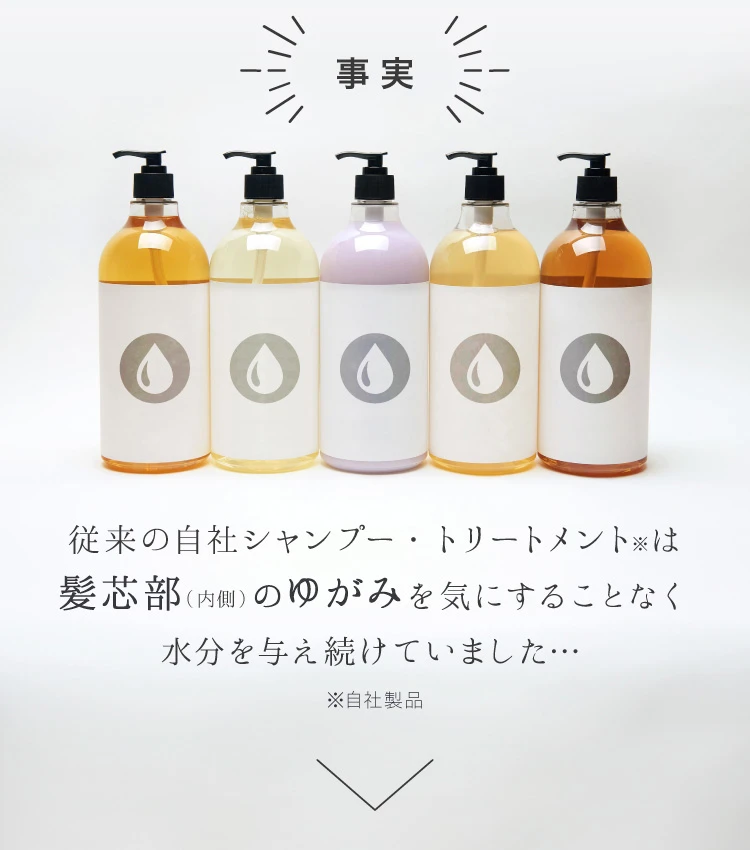 従来の自社シャンプー・トリートメントは髪芯部のゆがみを気にすることなく水分を与え続けていました