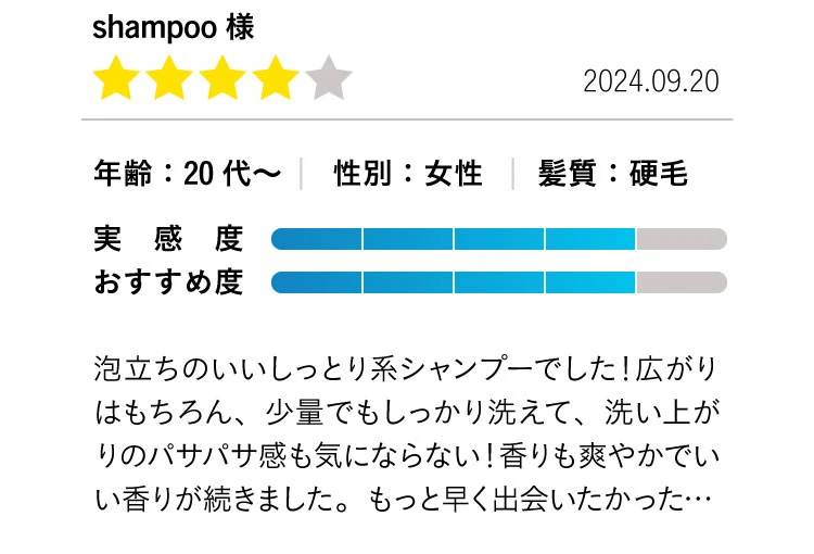 泡立ちのいいしっとり系シャンプーでした！広がりはもちろん、少量でもしっかり洗えて、洗い上がりのパサパサ感も気にならない！香りも爽やかでいい香りが続きました。もっと早く出会いたかった・・・