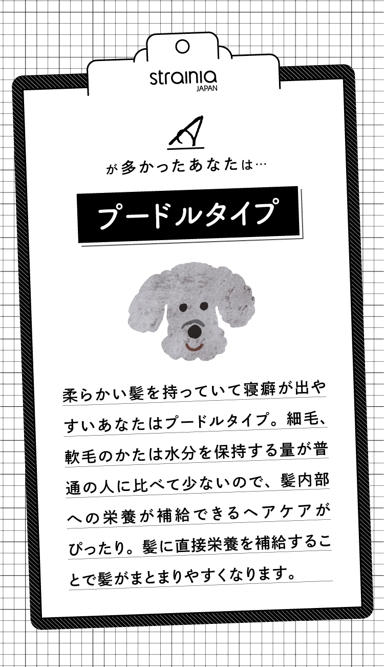 Aが多かったあなたは「プードルタイプ」。柔らかい髪で寝癖が出やすいあなた。水分保持する量が少ないので、髪内部への栄養が補給できるヘアケアがぴったり。髪がまとまりやすくなります。