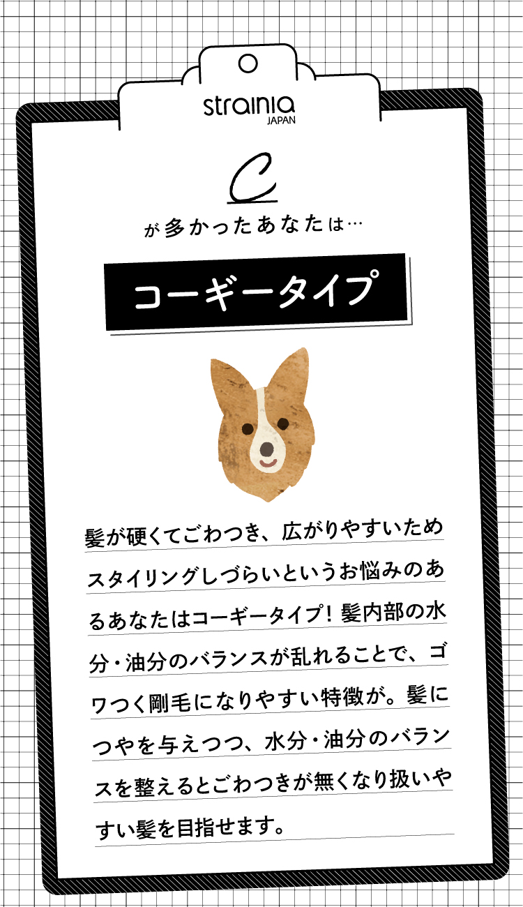 Cが多かったあなたは「コーギータイプ」。髪が硬くごわつき広がりやすいため、スタイリングしづらいという悩みをもつあなた。髪内部の水分・油分のバランスが乱れることでごわつく剛毛になりやすい特徴が。髪にツヤを与えつつ、水分・油分のバランスを整えるとごわつきが無くなり扱いやすい髪を目指せます。