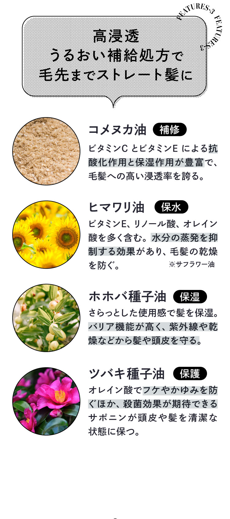 高浸透うるおい補給処方で毛先までストレート髪に。コメヌカ油、ヒマワリ油、ホホバ種子油、ツバキ種子油