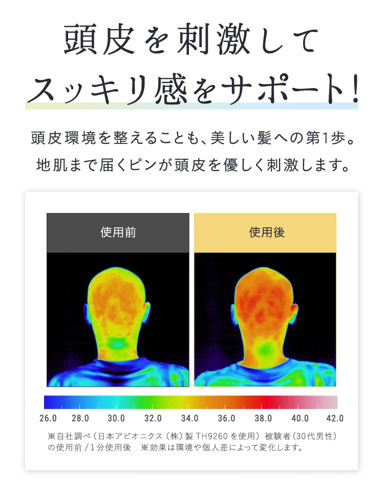 頭皮を刺激してスッキリ感をサポート！頭皮環境を整えることも、美しい髪への第1歩 地肌まで届くピンが頭皮を優しく刺激します