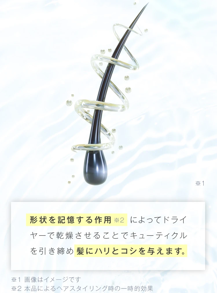 形状を記憶する作用によってドライヤーで乾燥させることでキューティクルを引き締め髪にハリとコシを与えます