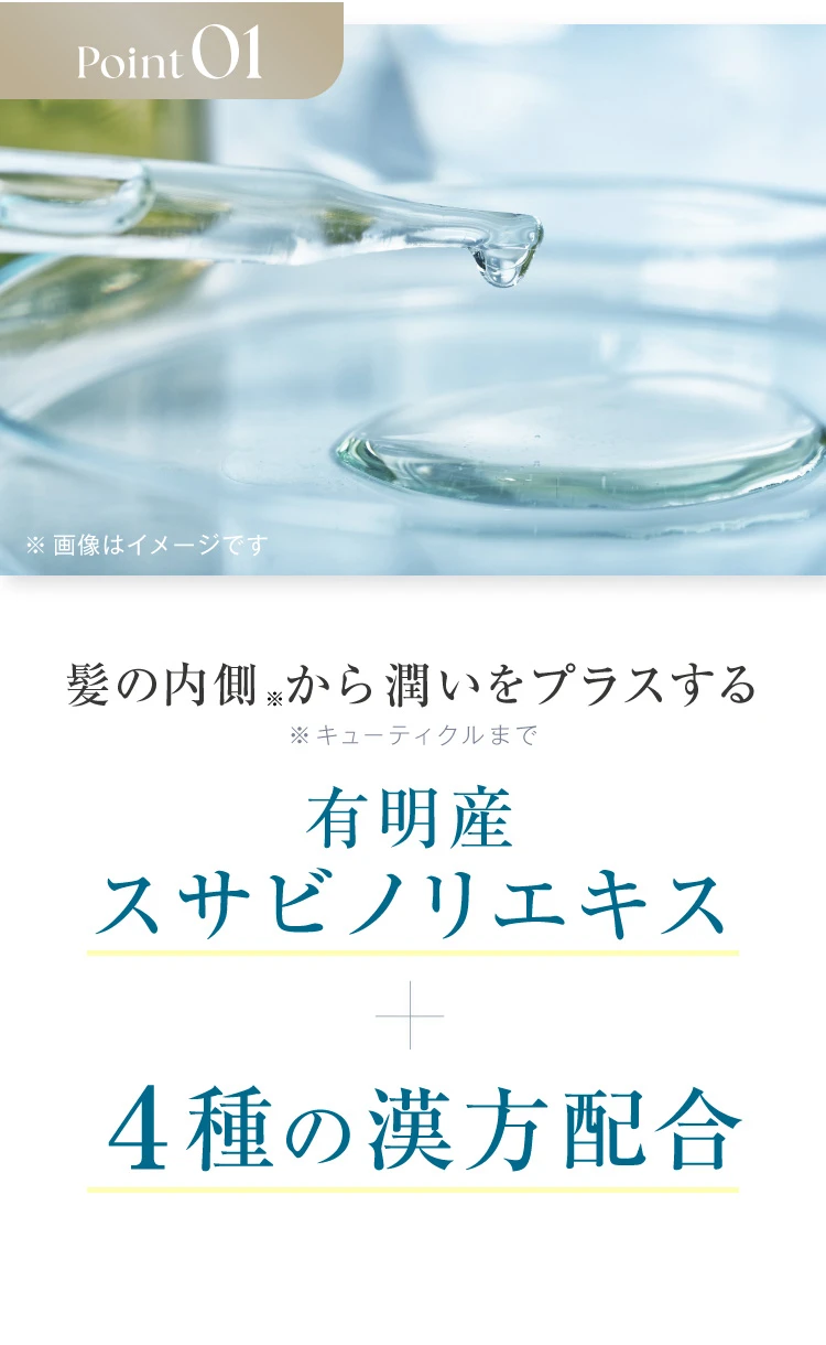 POINT01. 髪の内側から潤いをプラスする有明産スサビノリエキス＋4種の漢方配合